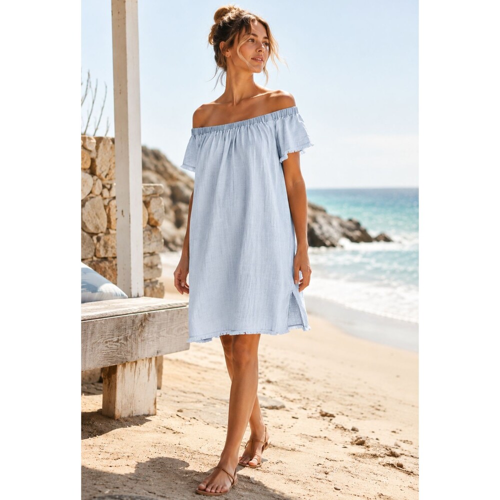 Cloth & Stone Anthropologie Convertible Off Shoulder Dress Frayed Fringe Trim M